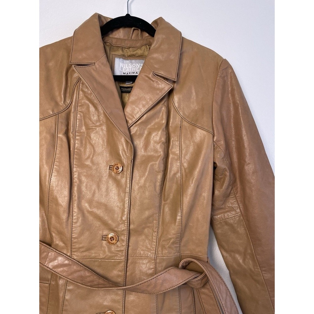 Vintage 90s 80s Wilson Leather Belted Trench Coat Womens XL Tan Camel Thinsulate